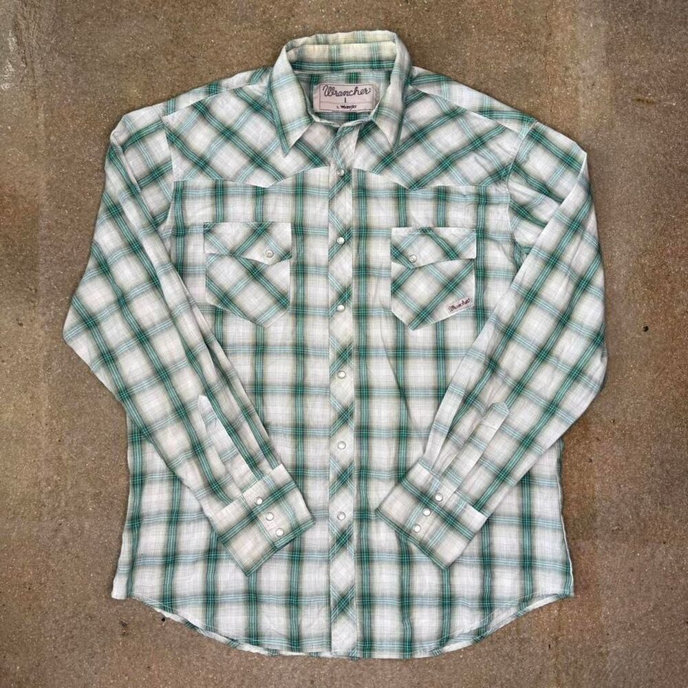 Green plaid Wrangler Wrancher Mens Large western shirt with pearl snaps